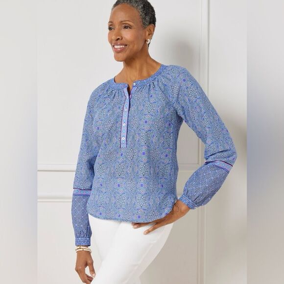 Talbots Pink and Blue Stained Glass Medallion Band Collar Cotton Popover Blouse - Picture 1 of 9